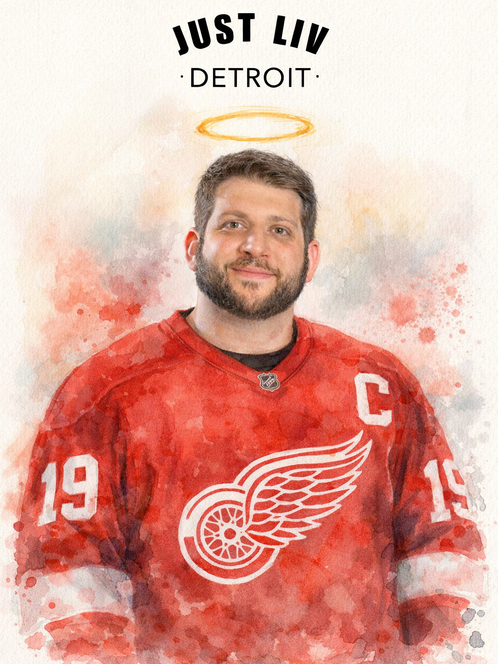 Watercolor portrait of Dr. Justin Joseph Bahoora in his Detroit Red Wings jersey, with the Just Liv Detroit logo and a golden halo